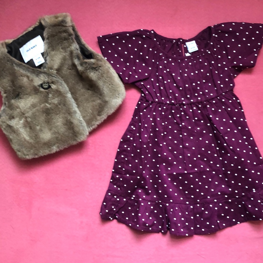 Old Navy dress and faux fur vest 6-12 months